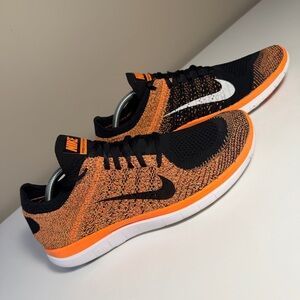 Men’s 11 Nike Free Flyknit 4.0 Black & Volt Bright Crimson Orange Running Shoes